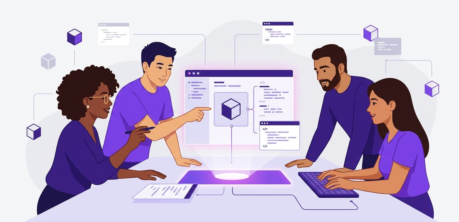 Developers collaborating on WordPress block development at BF Blocks